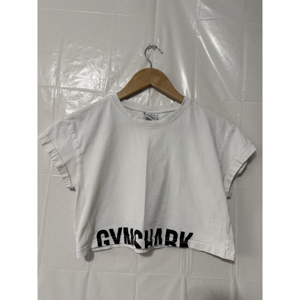 Gymshark Women’s M White Crop Top T Shirt Black Logo Graphic Workout Gym Tee
